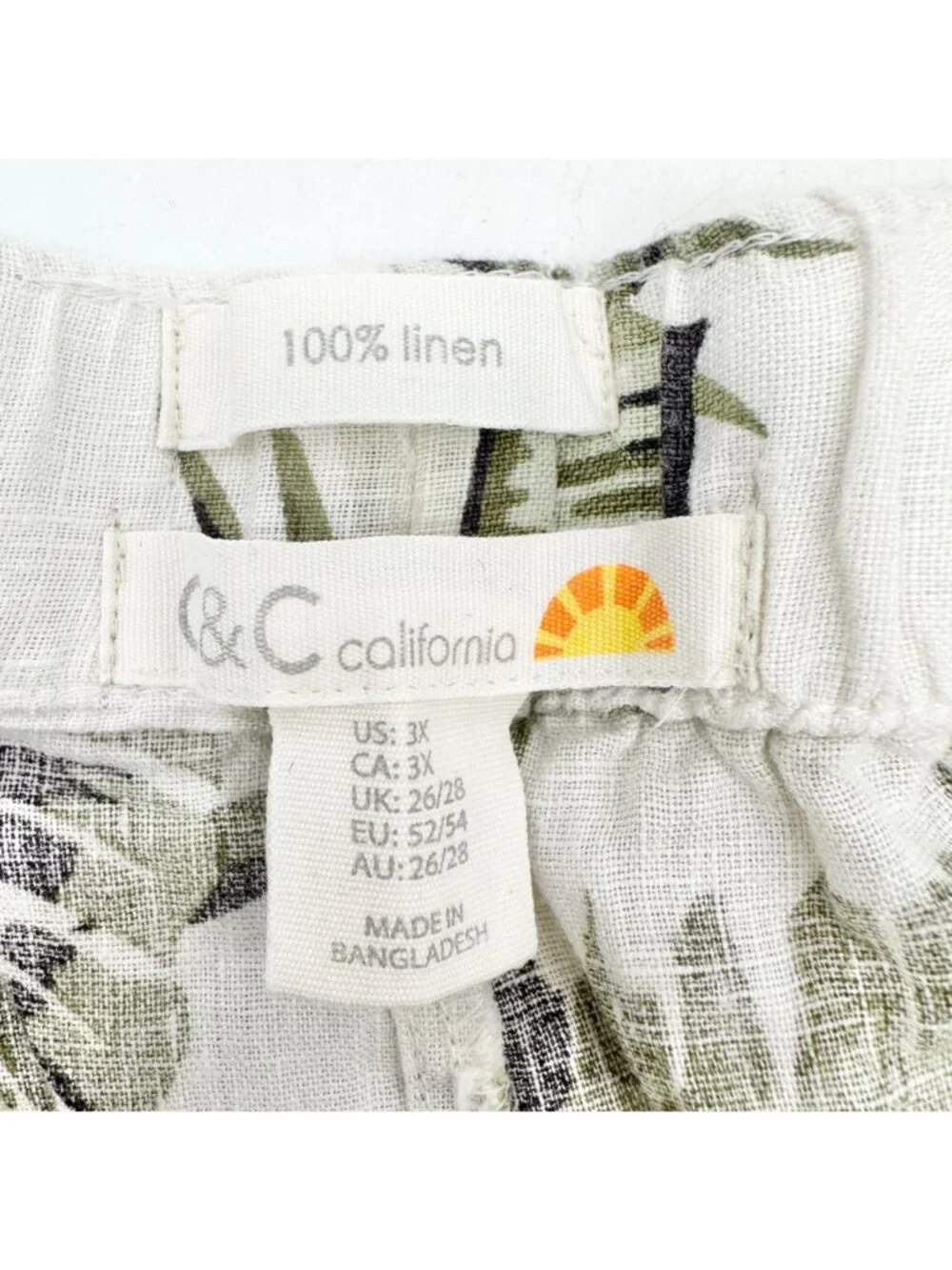 Womens 3X Shorts Linen Tropical Print Drawstring Green White by C&C California
